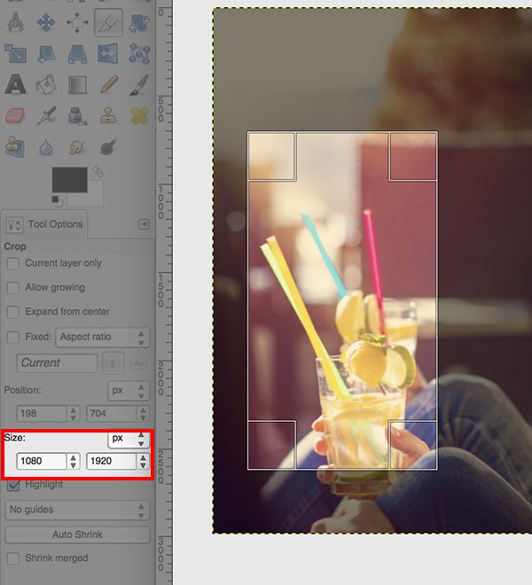 Choisir la zone à recadrer dans GIMP pour une histoire Instagram