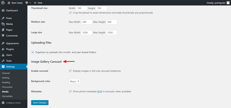 options de carrousel des galeries wordpress
