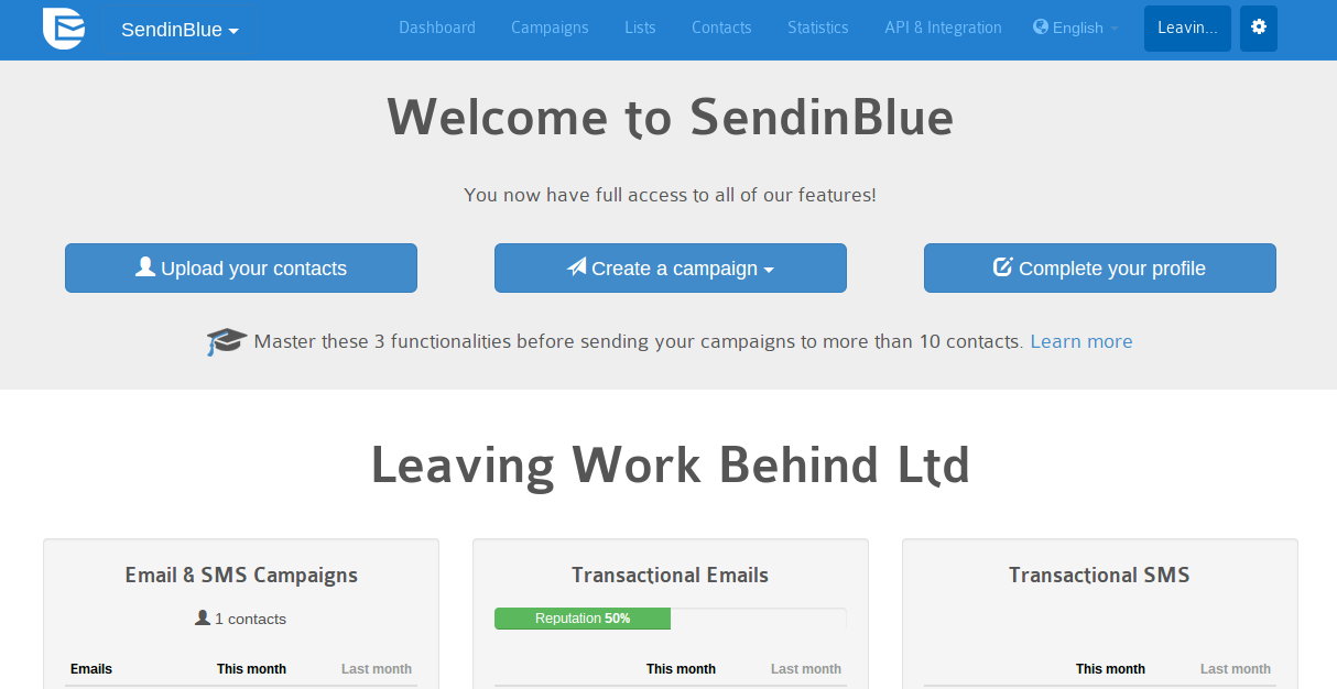 Tableau de bord SendinBlue