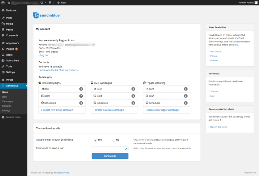 Le tableau de bord WordPress SendinBlue.