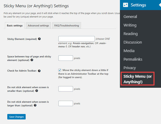 La page des paramètres du plugin Sticky Menu - Themelocal La page des paramètres du plugin Sticky Menu