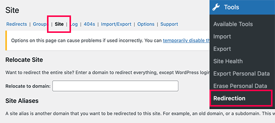 Paramètres du site dans le plugin de redirection - Themelocal Paramètres du site dans le plug-in de redirection