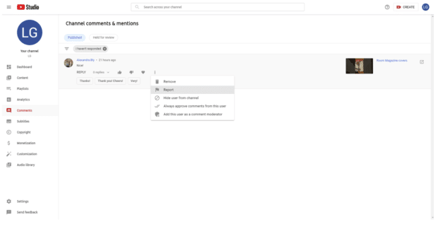 signaler des commentaires sur YouTube studio