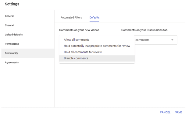 paramètres par défaut désactiver les commentaires