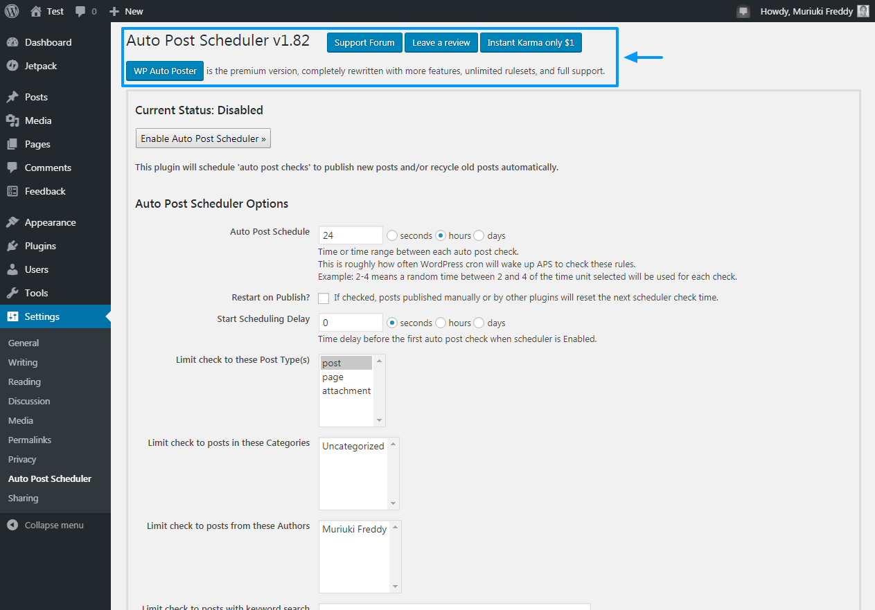 options d'administration du planificateur de publication automatique
