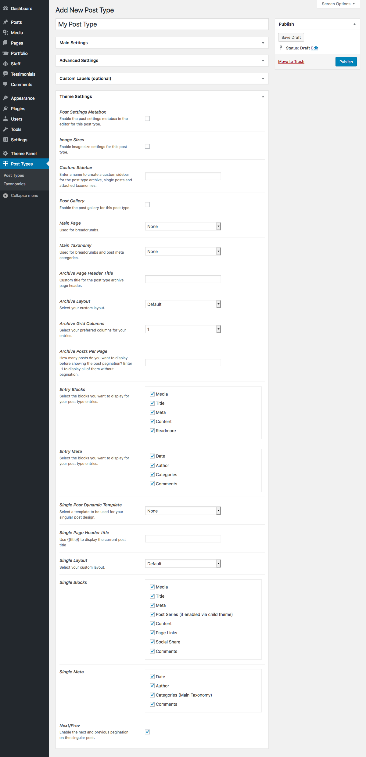 Plugin illimité de types de publication - Options totales