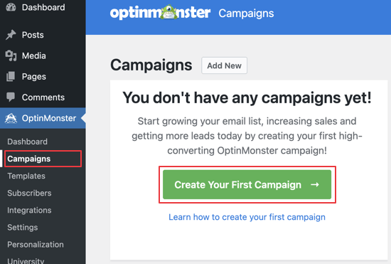 Accédez à la page des campagnes OptinMonster