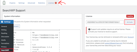 Entrez la clé de licence SearchWP