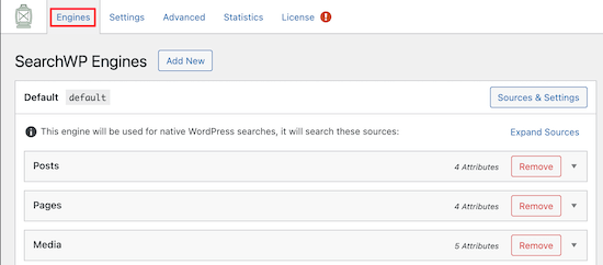 Paramètres des moteurs SearchWP