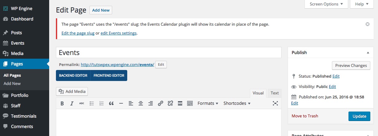 Plugin Calendrier des événements : page des événements