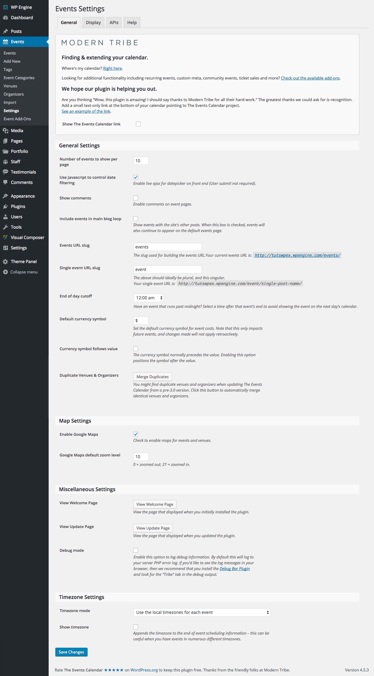 Plugin Calendrier des événements : Paramètres généraux
