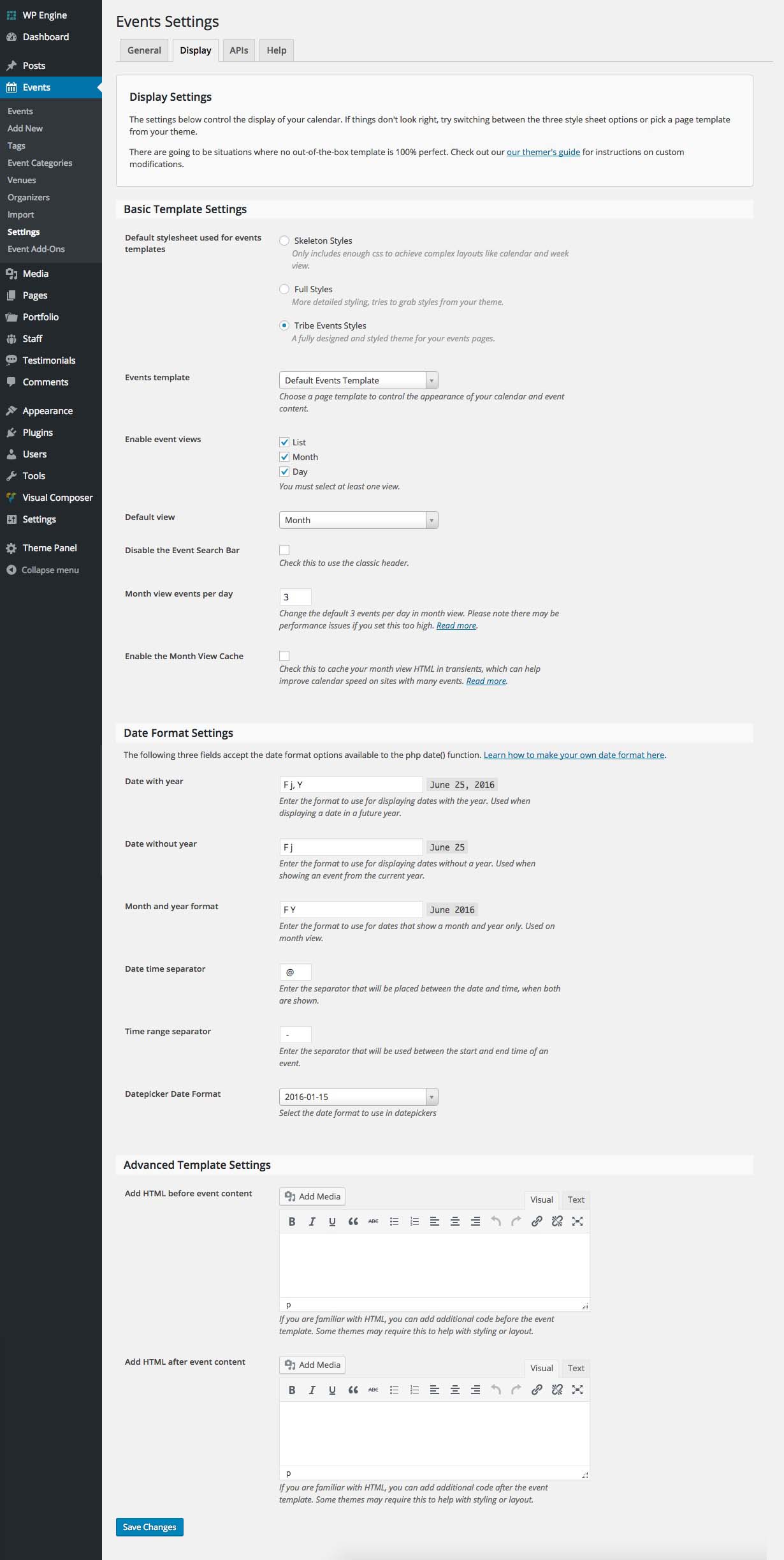 Plugin Calendrier des événements : Paramètres d'affichage