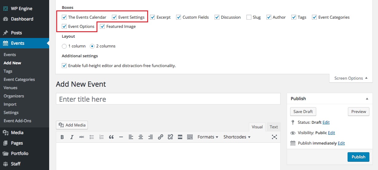 Plugin de calendrier d'événements : options d'écran