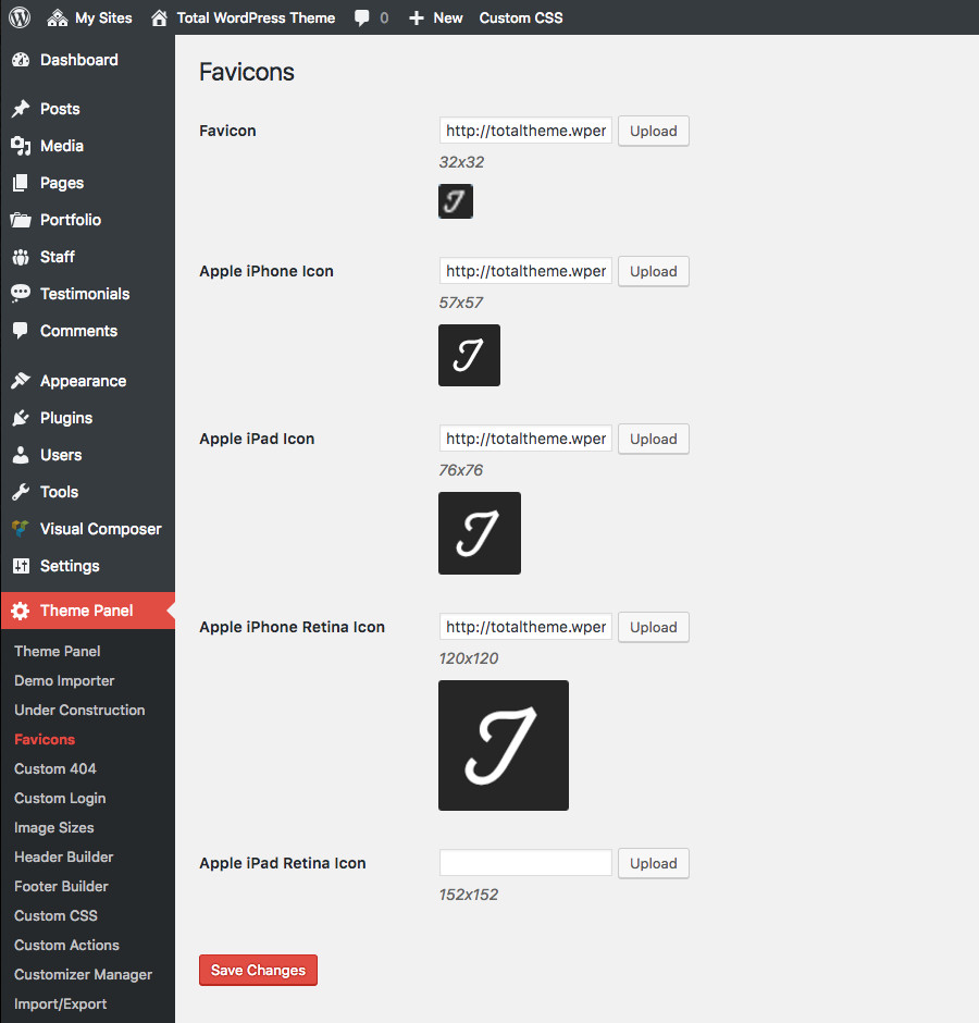 Total des options de favicon du thème