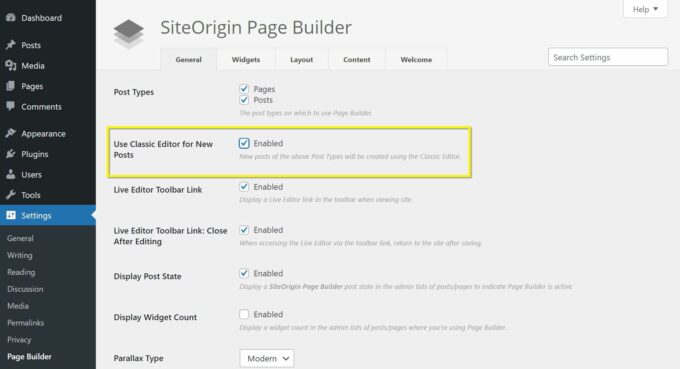 Paramètres du générateur de pages SiteOrigin