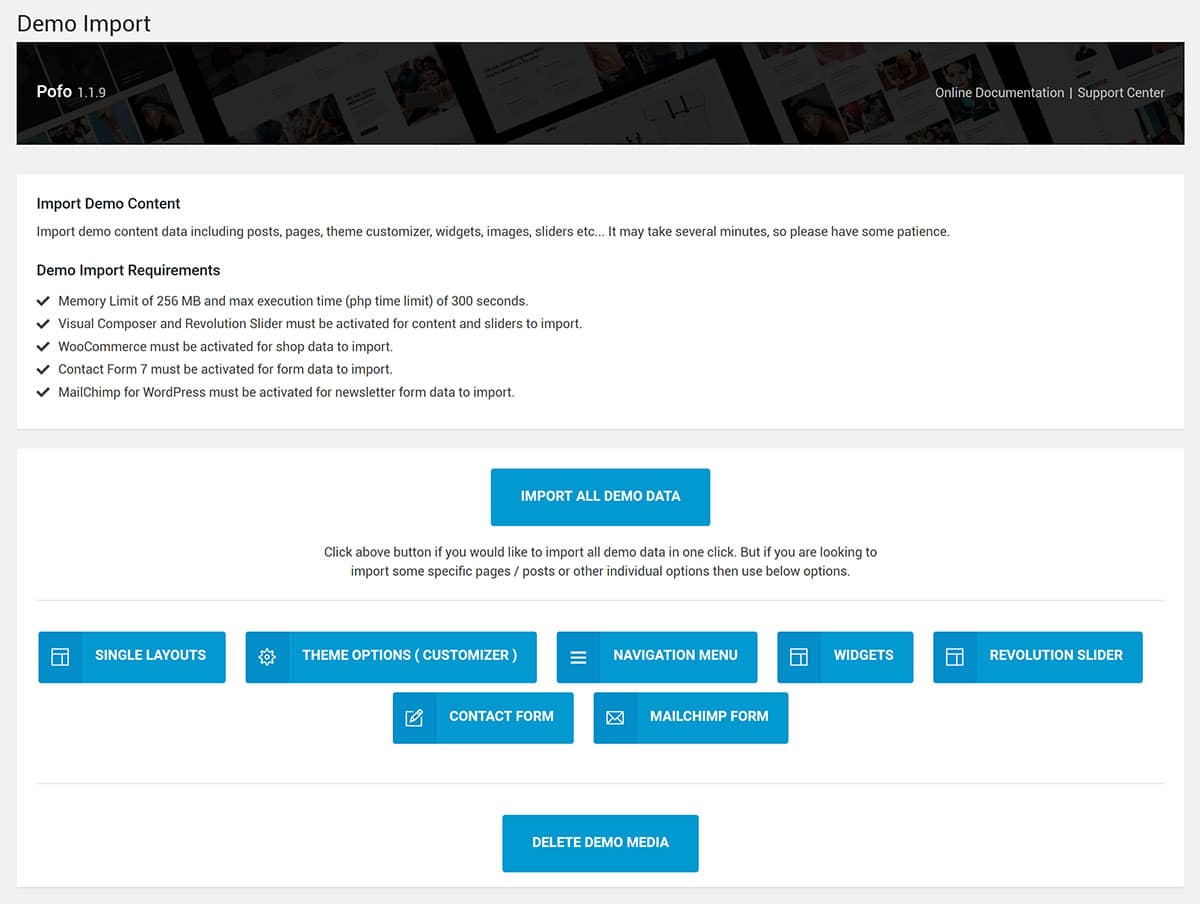 Page principale d'importation de démo