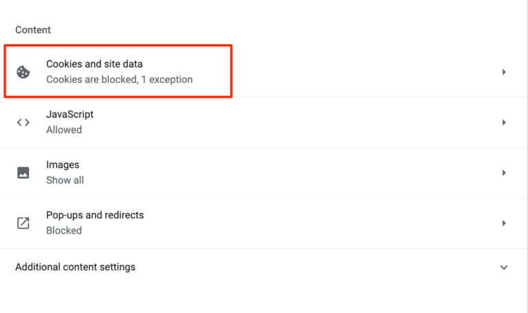 Cookies et paramètres de données de site de Chrome.