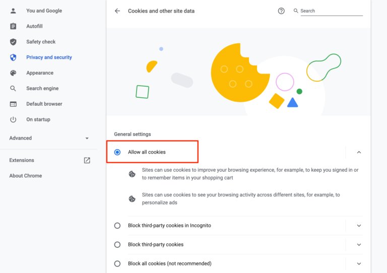Autoriser tous les cookies du site dans Chrome.
