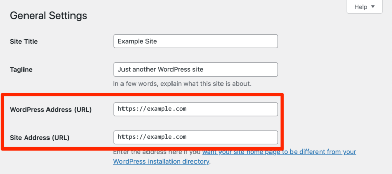Vérification de l'adresse WordPress et de l'adresse du site.