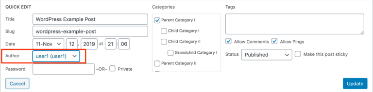 Utilisation de Quick Edit pour changer l'auteur dans WordPress.