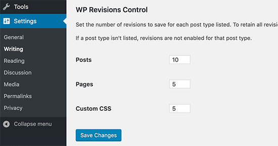 Paramètres de contrôle des révisions WP - Themelocal Paramètres de contrôle des révisions WP