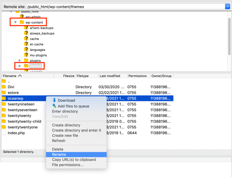 Renommer le thème actif pour activer un thème par défaut via FTP.