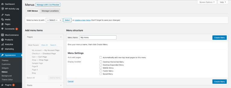 Création d'un nouveau menu dans WordPress.