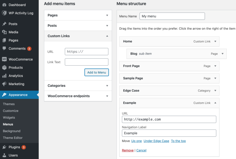 Ajout de liens personnalisés à un menu WordPress.