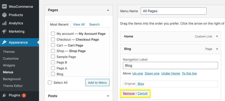 Supprimer un élément d'un menu WordPress.