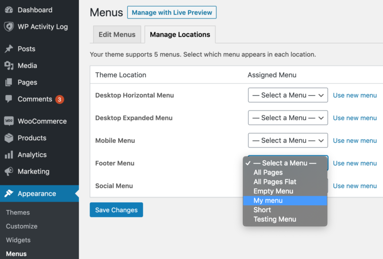 Choisir un emplacement pour votre menu.