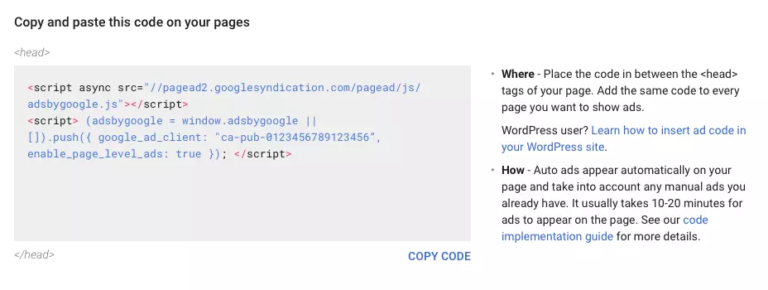 Exemple de code d'annonces automatiques AdSense.
