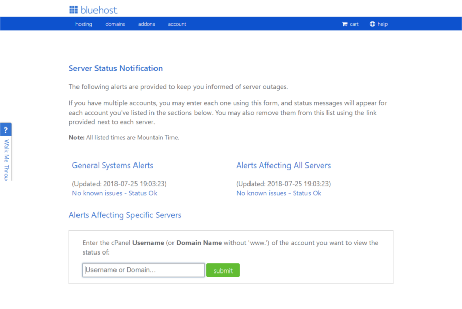 État du serveur Bluehost