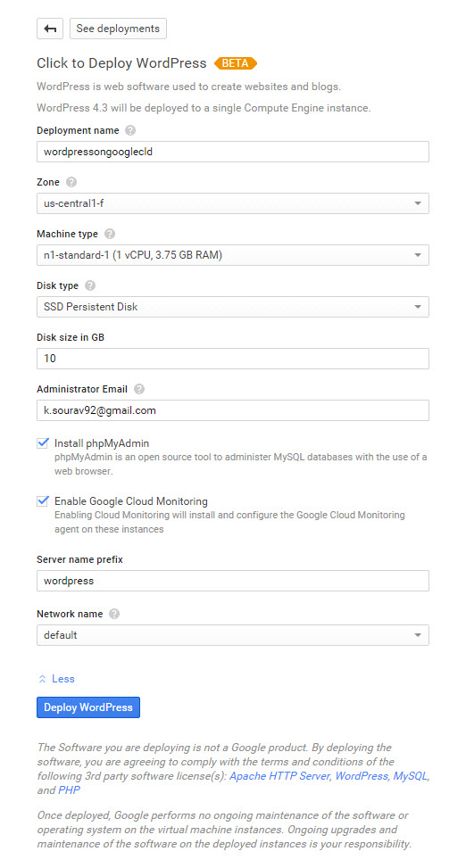 Param&egrave;tres d'installation de google-cloud-wordpress-013-wordpress