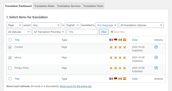 Affichage de la liste des pages dans le tableau de bord de traduction - Themelocal Affichage de la liste des pages dans le tableau de bord de traduction