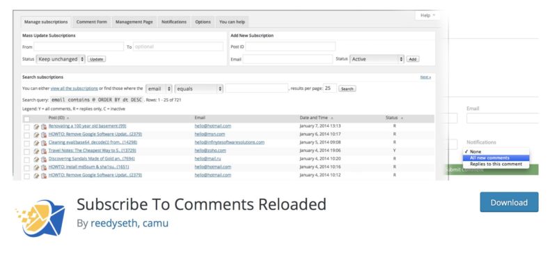 Abonnez-vous aux commentaires Reloaded Plugin