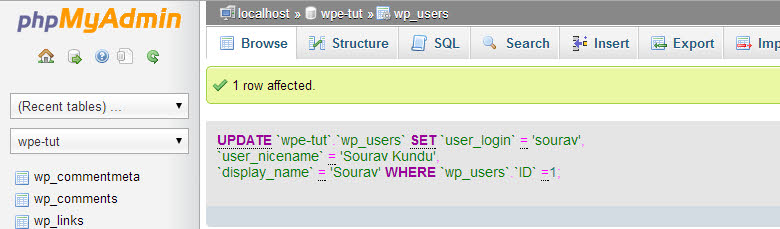 changer le nom d'utilisateur administrateur wordpress 07 succès de la mise à jour sql