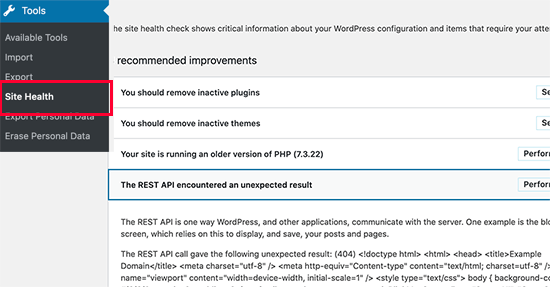 Erreur d'API REST dans WordPress Site Health - Themelocal Erreur API REST dans WordPress Site Health