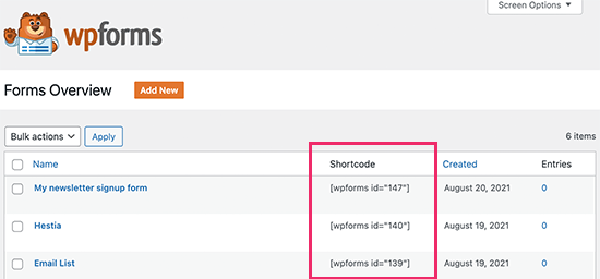Shortcode WPForms