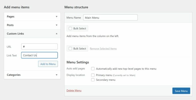 Ajouter un élément de menu personnalisé sans lien