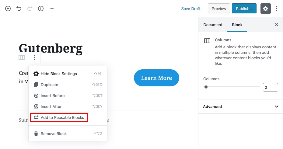 Blocs de contenu réutilisables Gutenberg Étape 1