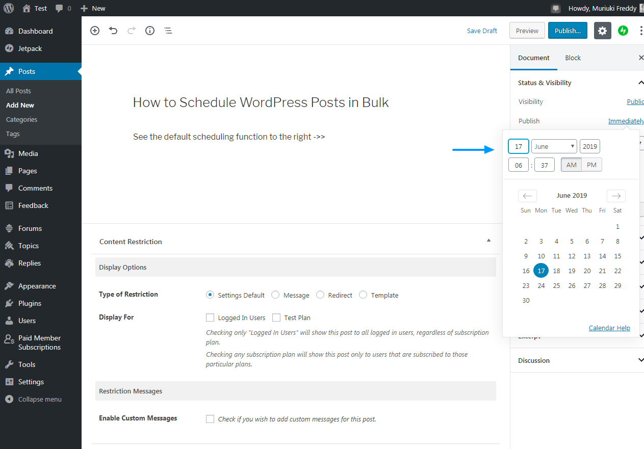 fonction de calendrier de publication wordpress par défaut