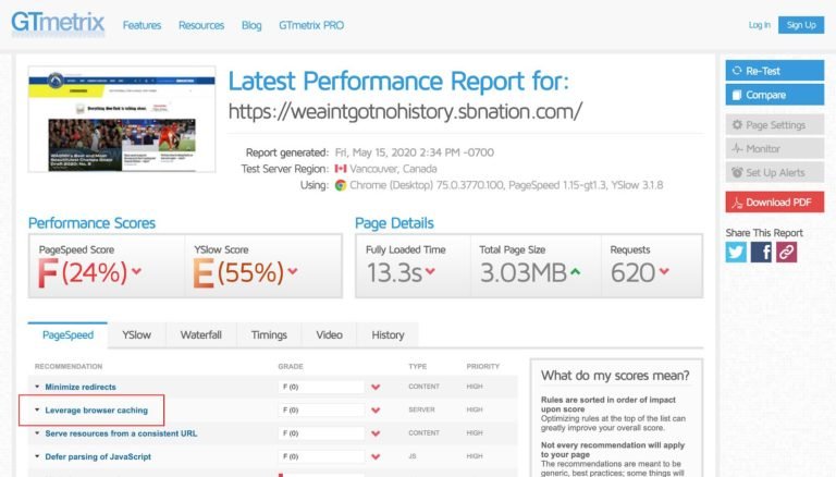 Correction de la mise en cache du navigateur dans GTmetrix