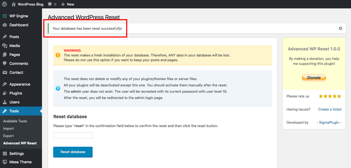 Après la réinitialisation de votre base de données WordPress