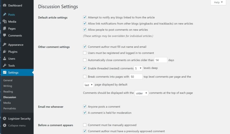 Écran des paramètres des discussions WordPress