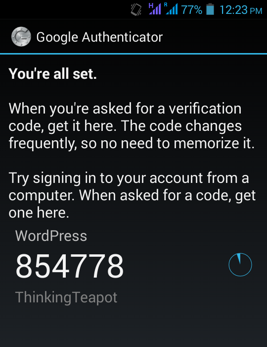 Compte réussi de l'authentificateur Google sur Android