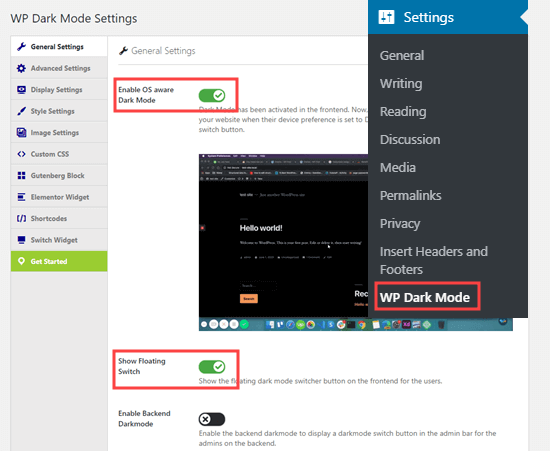 La page Paramètres généraux du plugin WP Dark Mode - Themelocal La page Paramètres généraux du plugin WP Dark Mode