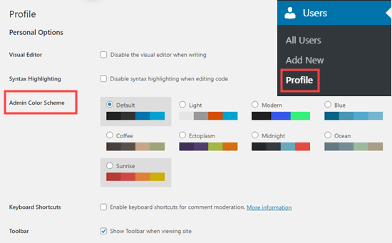 Sélection d'un schéma de couleurs administrateur dans WordPress, sur votre page de profil utilisateur - Themelocal Sélection d'un schéma de couleurs administrateur dans WordPress, sur votre page de profil utilisateur