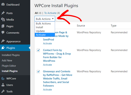 Activer les plugins en vrac avec WPCore - Themelocal Activer les plugins en vrac avec WPCore