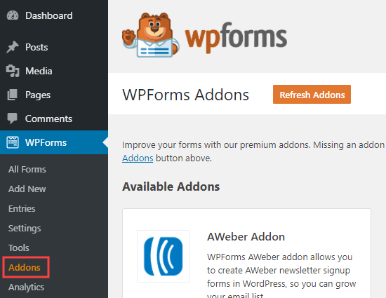 La page des addons WPForms dans votre administrateur WordPress - Themelocal La page des modules complémentaires WPForms dans votre administrateur WordPress