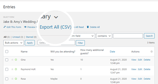 Exportez un fichier CSV des entrées de votre formulaire RSVP pour produire une liste d'invités - Themelocal Exportez un fichier CSV des entrées de votre formulaire RSVP pour produire une liste d'invités